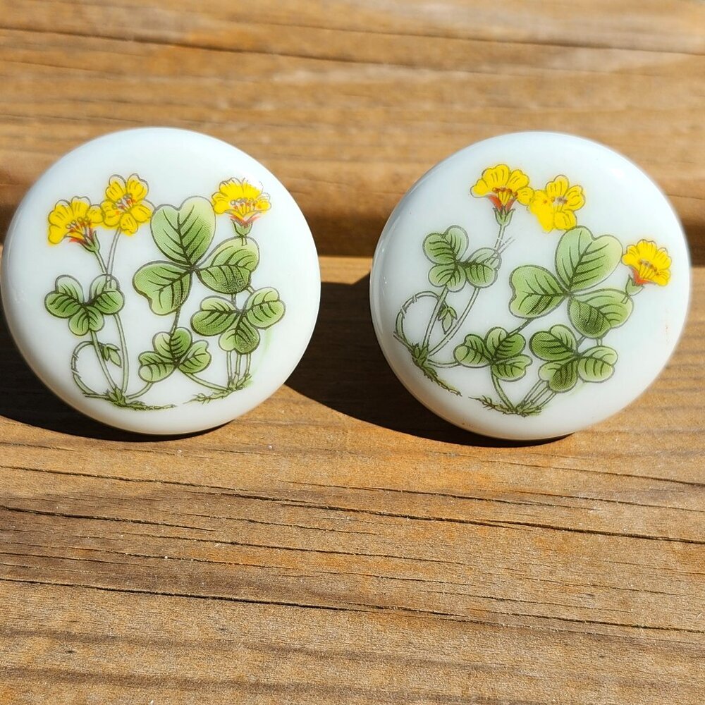 Vintage Takahashi San Francisco Japan Yellow Poppy Round Porcelain Drawer Pulls